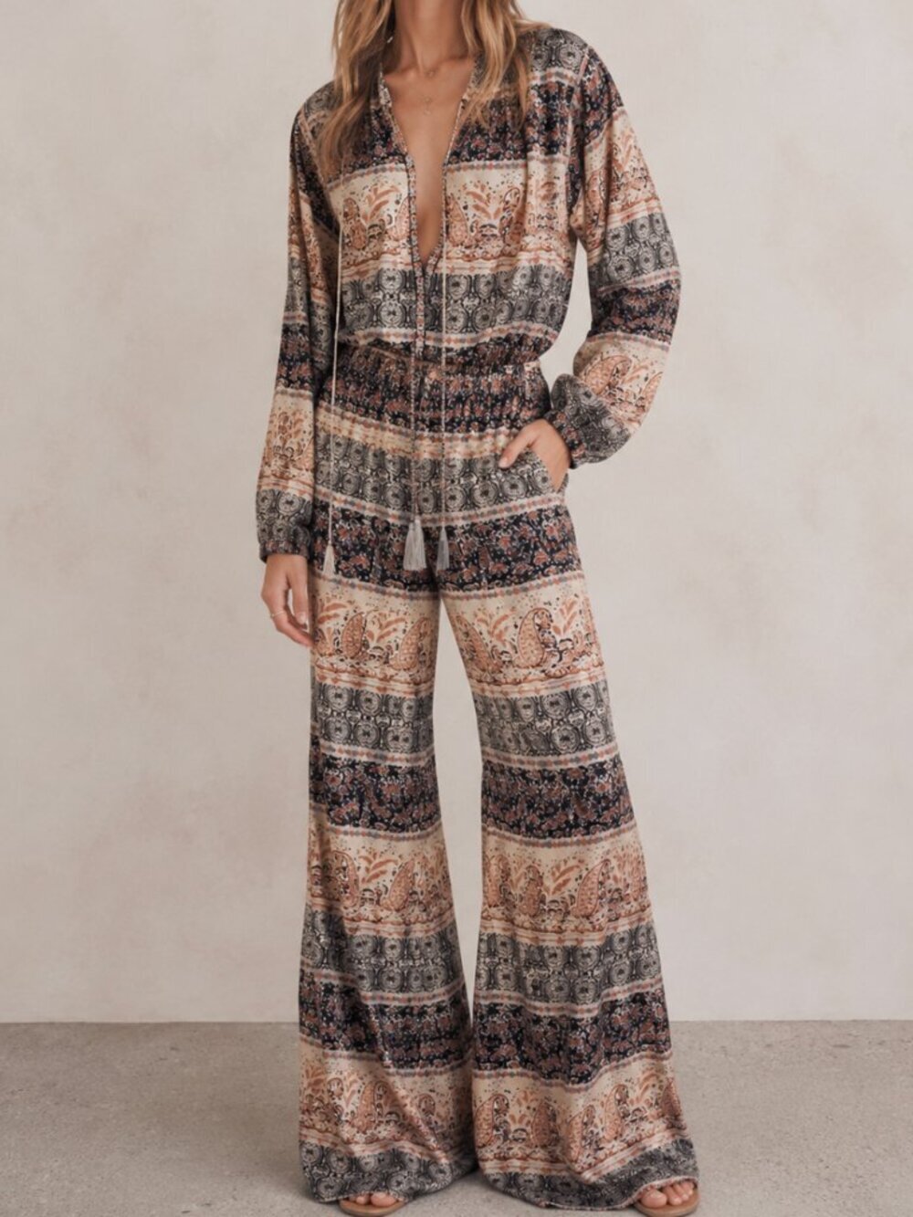 Ooberswank Boho Paisley VNeck Flare Longsleeve Jumpsuit Green Pink Cream XS Tall